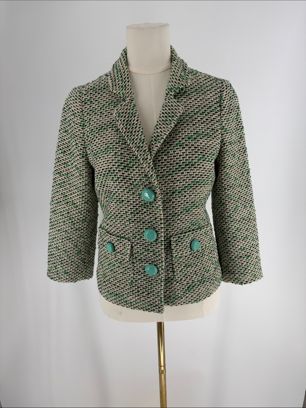 kate spade Hadley 4 Green Cream Tweed Whimsy Preppy Blazer Big Teal Mint Buttons